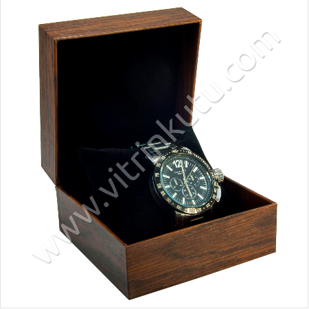 VitrinKutu - Ahşap Saat Kutusu 11x11 cm Üstü Deri Dikişli Yastıklı