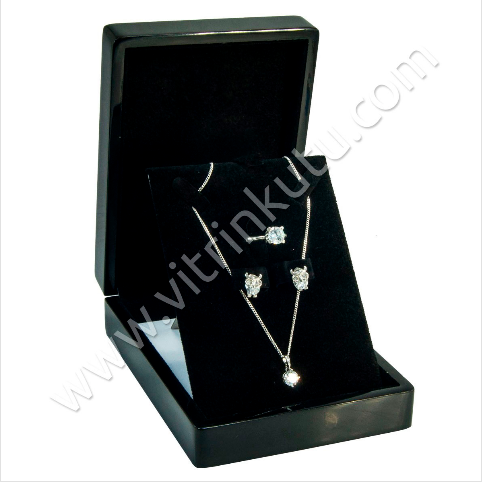 VitrinKutu - Ahşap Üçlü Set Takı Kutusu Cilalı 11x15 cm Siyah