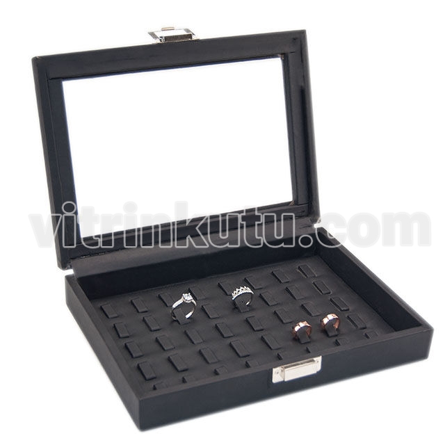 Camlı 40 Tırnaklı Yüzük Kutusu 24x17 Siyah/Siyah