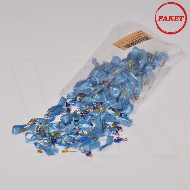 VitrinKutu - Çengel İğneli Mavi Kurdeleli Nazarboncuğu 100'lü Paket