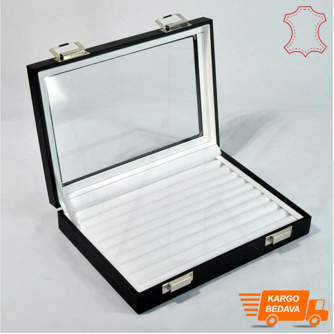 VitrinKutu - Çoklu Yüzük Kutusu 24x17 cm Cam Kapaklı Deri Kaplı