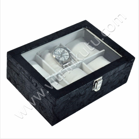 VitrinKutu - Çoklu Saat Kutusu 24x17 cm Deri Cam Kaplı 6'lı