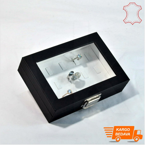 Çoklu Yüzük Kutusu 15 Tırnaklı 17x12 cm Siyah Deri - Thumbnail