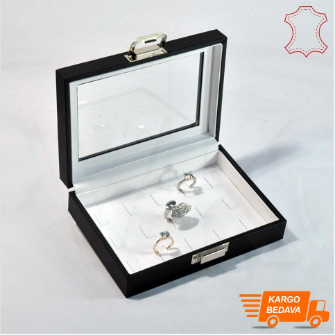 VitrinKutu - Çoklu Yüzük Kutusu 15 Tırnaklı 17x12 cm Siyah Deri