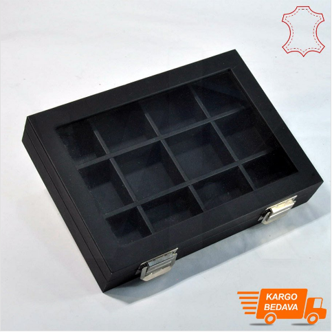 Çoklu Takı Kutusu Deri 12 Bölmeli 24x17 cm Cam Kapaklı Siyah - Thumbnail