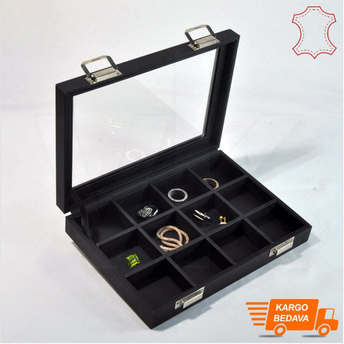 VitrinKutu - Çoklu Takı Kutusu Deri 12 Bölmeli 24x17 cm Cam Kapaklı Siyah