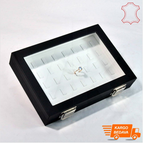 VitrinKutu - Çoklu Yüzük Kutusu 40 Tırnaklı 24x17 cm Siyah Deri