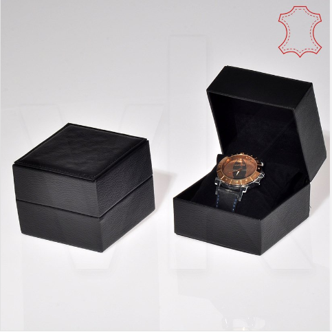 VitrinKutu - Deri Saat Kutusu 11,5x11,5 cm Yastıklı Siyah