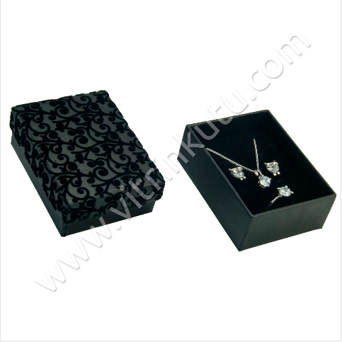 VitrinKutu - Floklu Üçlü Takım Kutusu 6,5x8,5 cm Siyah 12'li Paket