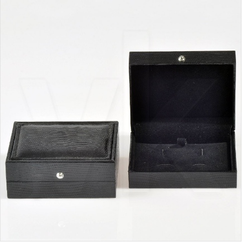 Kare Kol Düğmesi Kutusu 9x7.5 cm Siyah Deri - Thumbnail