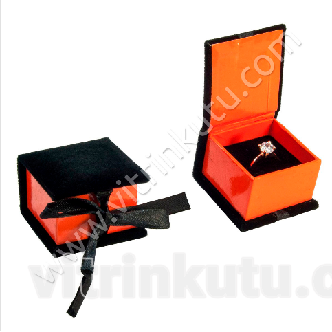 Kurdeleli Karton Yüzük Tektaş Kutusu Desensiz Turuncu 12'li Paket