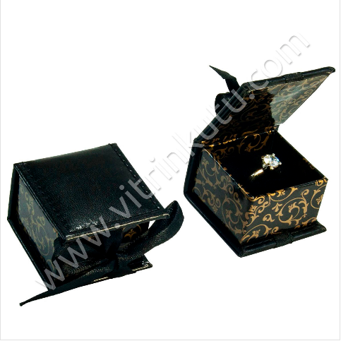 Kurdelalı Yüzük Tektaş Kutusu Deri 7x7 cm Siyah 12 li paket