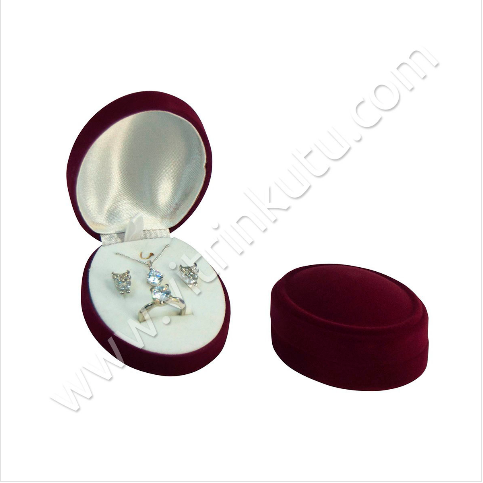  - Oval 3'lü Set Kutusu 5x8 cm Flok Bordo