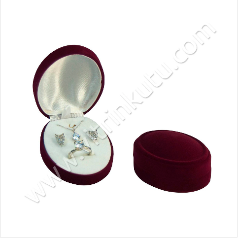 VitrinKutu - Oval 3'lü Set Kutusu 5x8 cm Flok Bordo