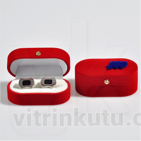 Oval Kol Düğmesi Kutusu 7,5x4 cm Kalp Süslü Flok (6'lı Paket)