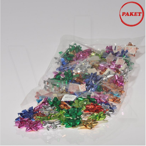 VitrinKutu - Paket Süsü Hediyelik 100'lü Paket Metalik Renkler Yıldız Rafya