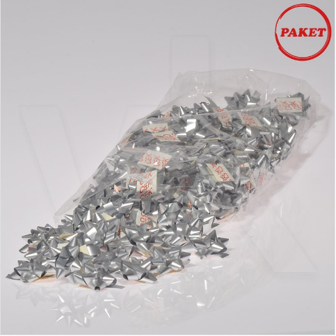VitrinKutu - Paket Süsü Hediyelik 100'lü Paket Gümüş Renkli Yıldız Rafya