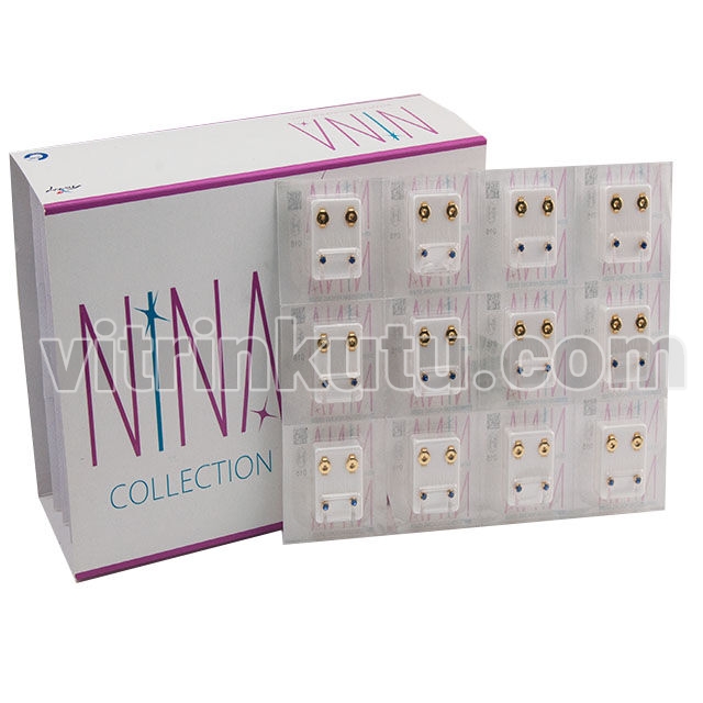 Steril Kulak Delme Küpesi 12 Çift Tırnaklı Nina Altın Sapphire