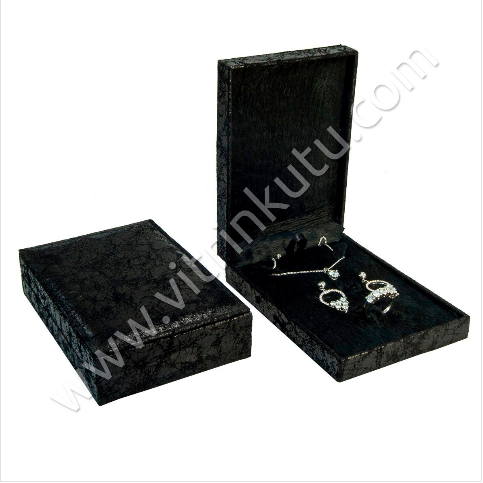 VitrinKutu - Üçlü Set Takı Kutusu 10,5x15 cm Siyah Çatlak Deri